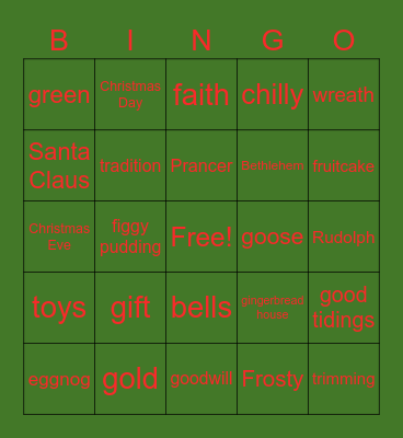 Christmas Words Bingo Card