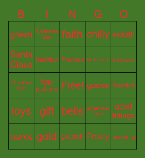 Christmas Words Bingo Card