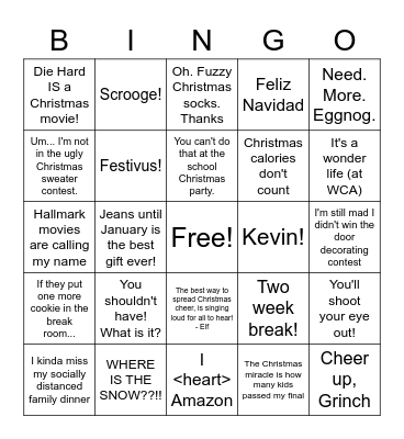 WCA Holiday BINGO Card