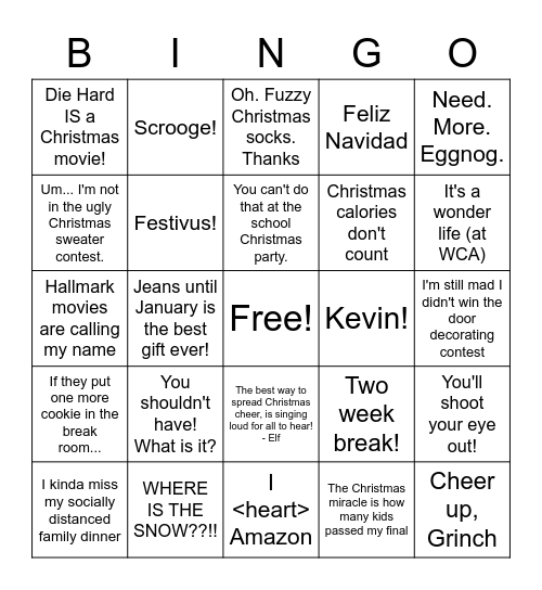 WCA Holiday BINGO Card