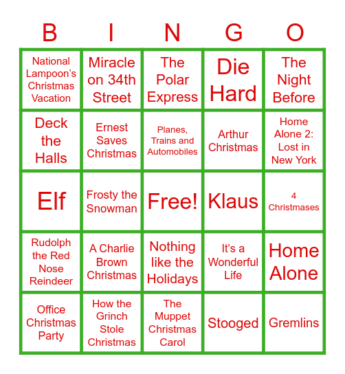 Silent BINGO: Christmas Movies Bingo Card