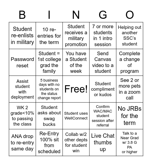 Student Services Bingo Card
