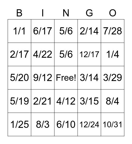 Dates! Bingo Card