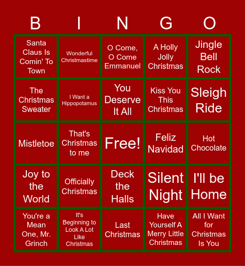 Christmas Playlist Bingo Card