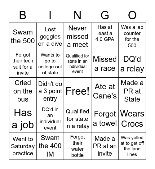 Willow Canyon Swim and Dive Bingo Card