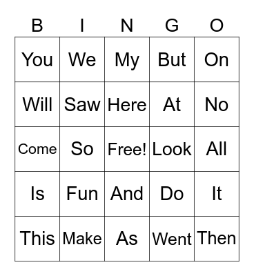 Snap Word Bingo Card