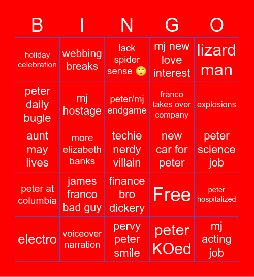 Spider-Man 2 Bingo Card