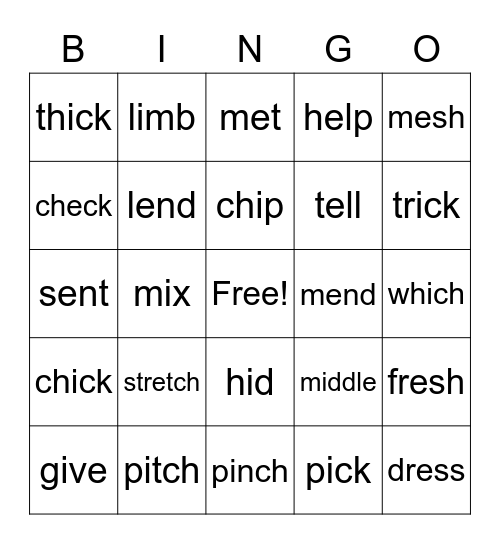 Vowel sounds E & I Bingo Bingo Card