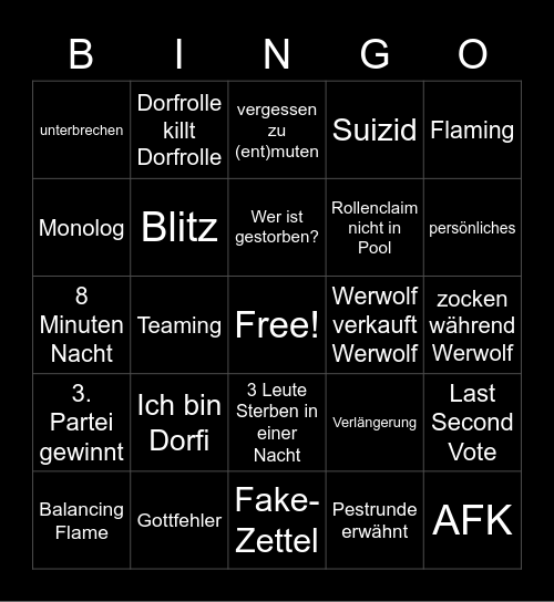 Werwolf Bingo Card