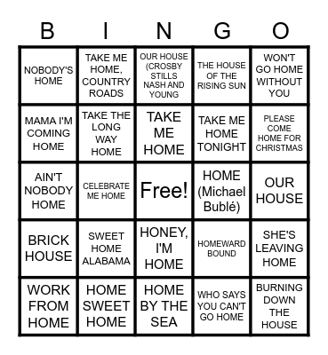 TAKE ME HOME Bingo Card