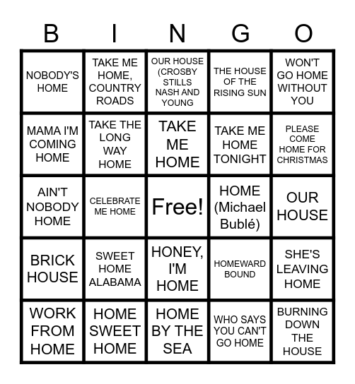 TAKE ME HOME Bingo Card