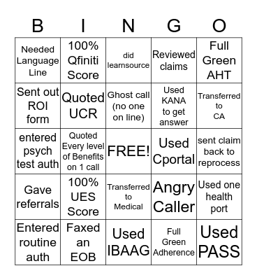 Intake Bingo Card