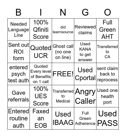 Intake Bingo Card