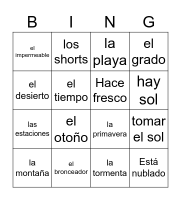 unidad 3 etapa 3 vocab. el tiempo Bingo Card