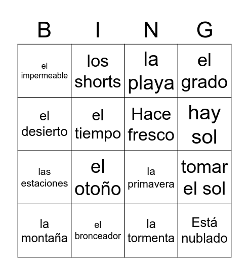 unidad 3 etapa 3 vocab. el tiempo Bingo Card