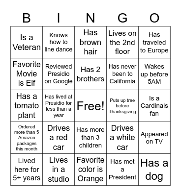 Presidio North Holiday Party Bingo Card