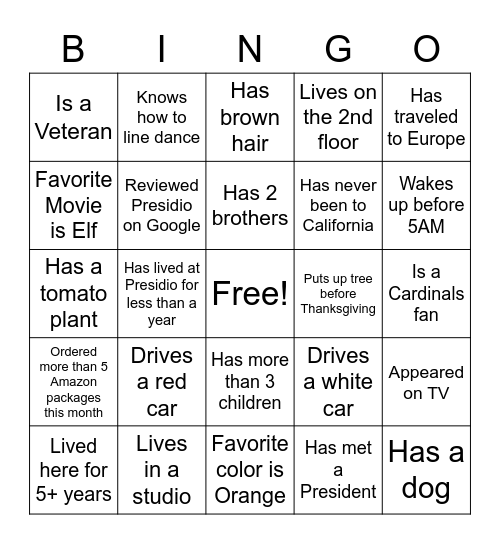 Presidio North Holiday Party Bingo Card