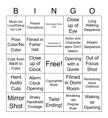 Freshmen Film Bingo Card