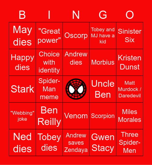 Spider-Man: No Way Home Bingo Card