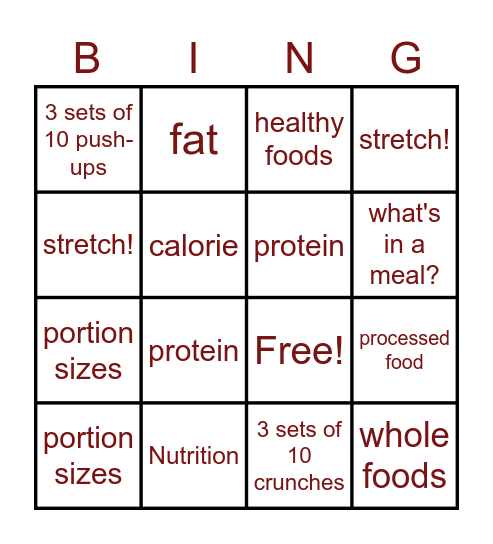 Eating Habits Bingo Card