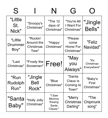 Christmas Songs Bingo Card