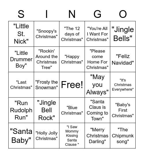 Christmas Songs Bingo Card