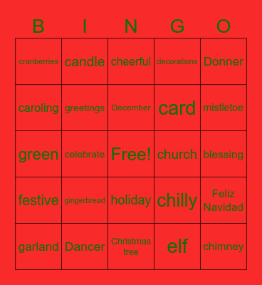 Christmas Words Bingo Card