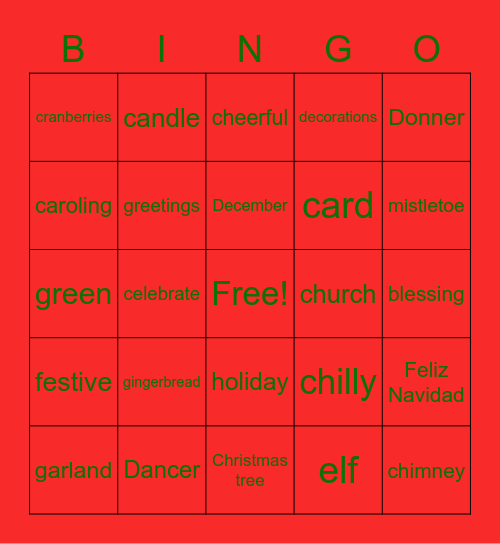 Christmas Words Bingo Card