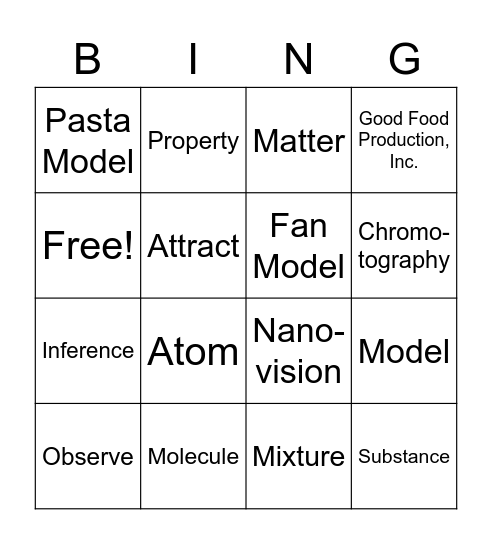 Matter Vocabulary Bingo Card