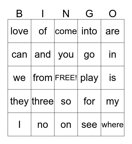 Sight Word Bingo Card