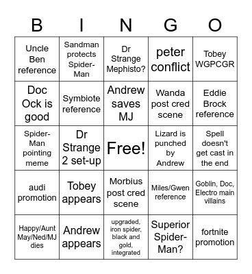 No Way Home Bingo Card