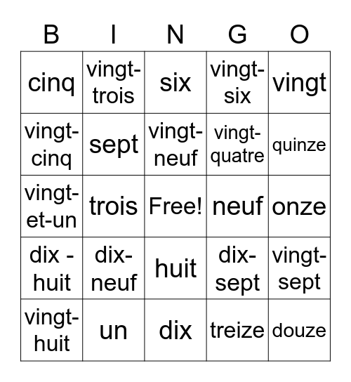 Numbers in French (0-30( Bingo Card