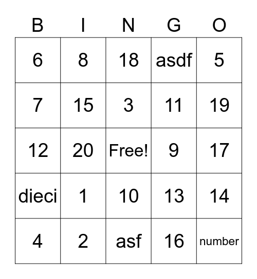 Los números Bingo Card