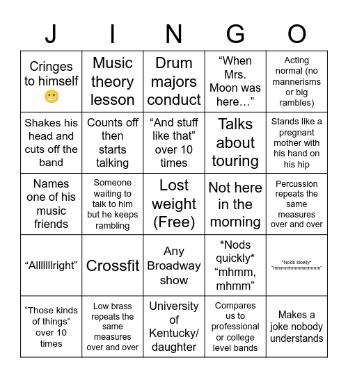 Jimos Shenanigans II Bingo Card