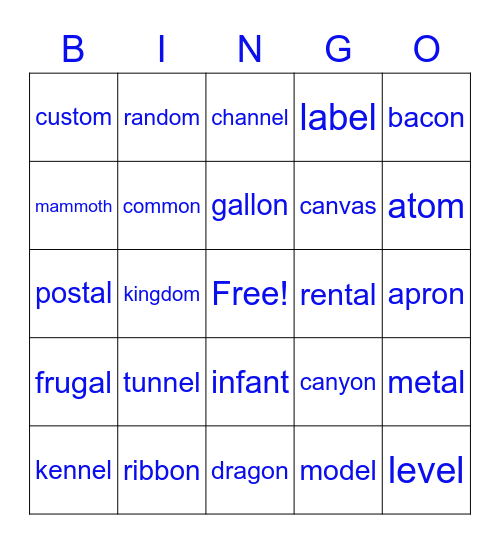 Lesson 4-6 Bingo Card