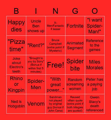 Spider-Man Bingo Card