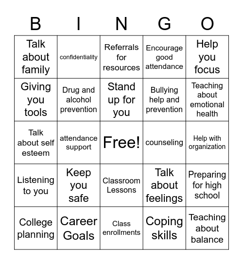 School Counselor: What do they do? Bingo Card
