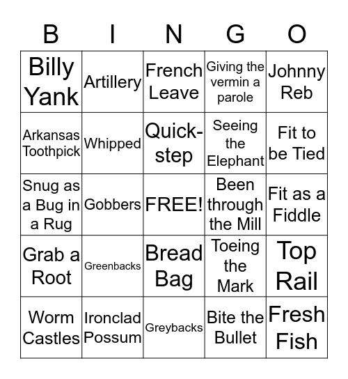 Civil War Lingo Bingo Card