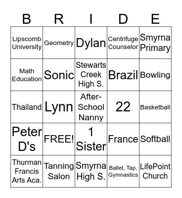 Brianna's Bridal Shower Bingo Card