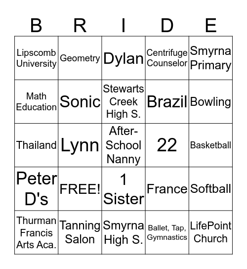 Brianna's Bridal Shower Bingo Card