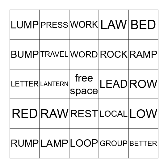 WORDS CONTAINING "R" AND "L" Bingo Card