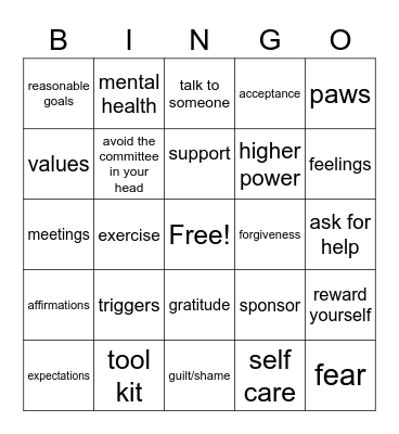 Recovery Things Bingo Card