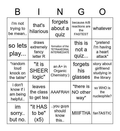 the Dr. Castillo bingo Card