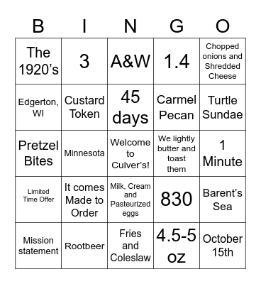Culver’s Bingo Card