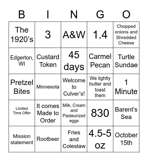 Culver’s Bingo Card