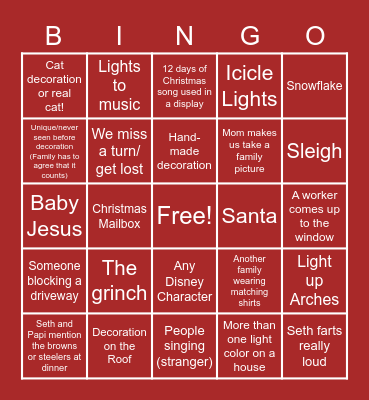 Christmas Lights Show Bingo Card