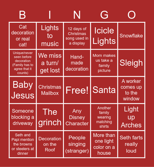 Christmas Lights Show Bingo Card