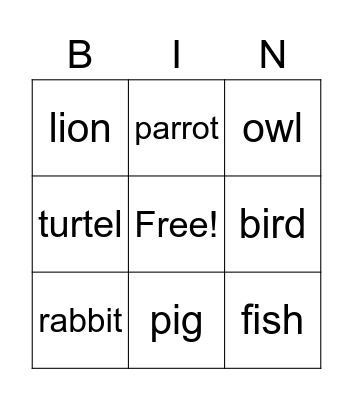 Animals Bingo Card