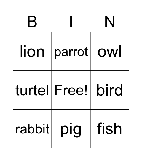 Animals Bingo Card