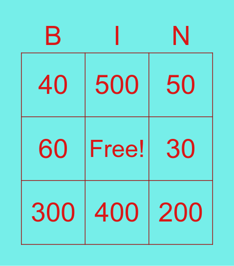 Math Bingo Card